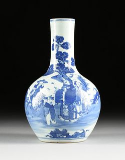 A CHINESE BLUE AND WHITE BOTTLE VASE, FAMILY WITH BOYS PLAYING IN GARDEN, QING DYNASTY (1644-1912),