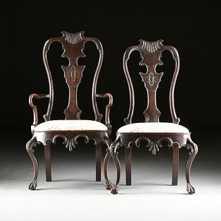 A SET OF TWO PORTUGUESE ROCOCO STYLE MAHOGANY ARM AND SIDE DINING CHAIRS, 19TH CENTURY,