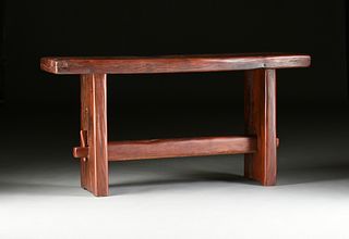 AN AFRICAN RECLAIMED BUBINGA WOOD TRESTLE TABLE, LATE 20TH CENTURY,
