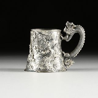 A CHINESE EXPORT SILVER REPOUSSÉ "DRAGON AND ANCIENT PINES" TANKARD, STAMPED HUNG CHONG & CO, 90, 20TH CENTURY, 