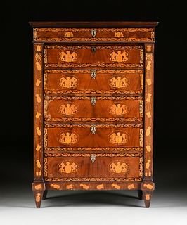 A DUTCH NEOCLASSICAL ARMORIAL PARQUETRY INLAID MAHOGANY CHEST OF DRAWERS, CIRCA 1840,