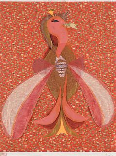 BILL BOMAR (American/Texas 1919-1991) A COLLAGE, "Winged Creature: Firebird," 1989,