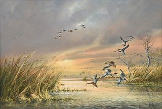RONNIE WELLS (American/Texas b. 1944) A PAINTING, "Late Season Pintail Ducks at Sunset,"