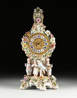 A MEISSEN FLORAL ENCRUSTED PORCELAIN MANTLE CLOCK, UNDERGLAZE MARK, LATE 19TH CENTURY,