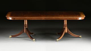 A REGENCY STYLE FLAME MAHOGANY AND SATINWOOD CROSSBANDED TWO PEDESTAL DINING TABLE, LATE 20TH CENTURY, 
