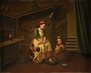 ITALIAN SCHOOL, A PAINTING, "Genre Interior: Mother and Three Children," EARLY/MID 19TH CENTURY,