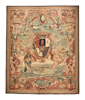 A FRANCO FLEMISH BAROQUE STYLE POLYCHROME WOOL ARMORIAL TAPESTRY, MODERN, 