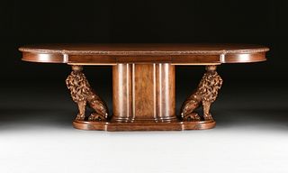 A LONG WILLIAM IV STYLE "SEATED LIONS" WALNUT CENTER TABLE, SECOND-QUARTER 20TH CENTURY,