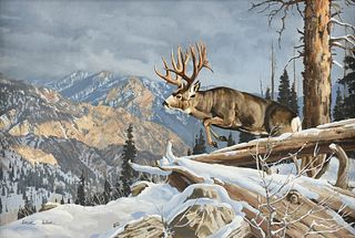 DAVE WADE (American 1952-2019) A PAINTING, "Leaping Mule Deer Buck,"