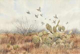 HERB BOOTH (American 1942-2014) A PAINTING, "Bobwhite Quail with Cactus,"