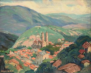 JESSIE RAY DEWITT (American 20th Century) A PAINTING, "Spanish Mission in a Valley,"
