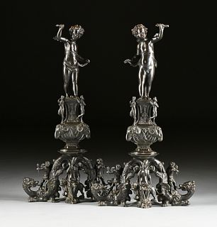 A PAIR OF ITALIAN RENAISSANCE STYLE PATINATED BRONZE FIGURAL ANDIRONS, LATE 19TH CENTURY,
