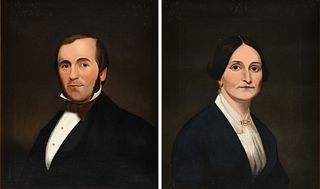 TWO AMERICAN SCHOOL PORTRAIT PAINTINGS, "Gentleman with Bow Tie Cravat and Gold Buttons," AND "Lady with Jewelry and a Blue Dress," 1840-1850,