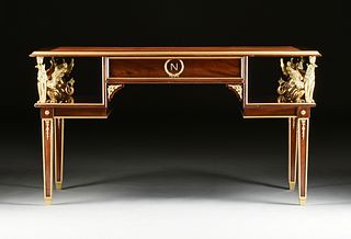 AN EMPIRE REVIVAL STYLE GILT METAL MOUNTED AND LEATHER TOPPED MAHOGANY BUREAU PLAT, LATE 20TH CENTURY,