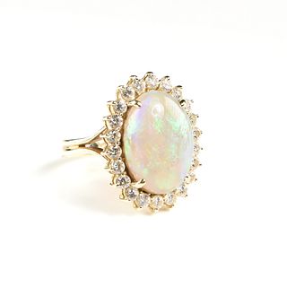 A 14K YELLOW GOLD, OPAL, AND DIAMOND RING,