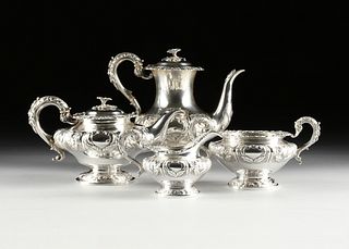 A WILLIAM IV FOUR PIECE  STERLING SILVER TEA/COFFEE SERVICE, BY RICHARD PEARCE/GEORGE BURROWS, MARKED, LONDON, 1836,
