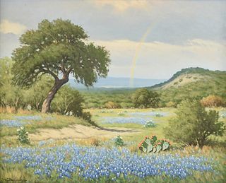 DON WARREN (American/Texas 1935-2006) A PAINTING, "Rainbow and Bluebonnets in Hill Country Landscape," 