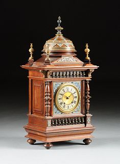 A GERMAN LENZKIRCH WALNUT, GILT BRASS AND CLOISONNÉ ENAMEL MANTLE CLOCK, CIRCA 1860-1880, 