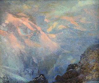 ALFREDO HELSBY (Chilean 1862-1933) A PAINTING, "Sunlight on Snow Capped Mountains,"