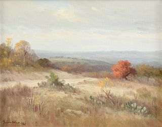 PORFIRIO SALINAS (American/Texas 1910-1973) A PAINTING, "Hill Country with Cactus in a Cloudy Landscape,"