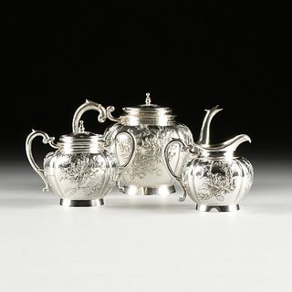A THREE PIECE QING DYNASTY STERLING SILVER TEA SET IN CASE, BY WANG HING & CO, HONG KONG, LATE 19TH/EARLY 20TH CENTURY,