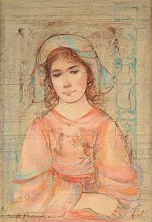 EDNA HIBEL (American 1917-2014) A PAINTING, "Portrait of a Young Girl,"