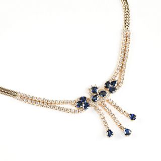 A 14K YELLOW GOLD, SAPPHIRE, AND DIAMOND NECKLACE,