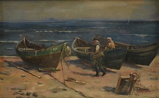 LUDOLFS LIBERTS (Latvian/American 1895-1959) A PAINTING, "Figures with Boats on the Shoreline," 