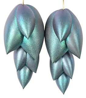 Pair of Ted Muehling Articulated Pinecone Earrings, 14 karat gold and niobium, length 2 1/2 inches.