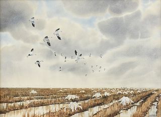HERB BOOTH (American 1942-2014) A PAINTING, "Snow Geese in Flight,"