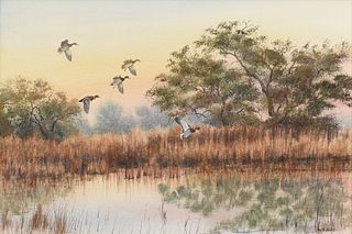 HERB BOOTH (American 1942-2014) A PAINTING, "Mallard Ducks in Flight at Sunset,"