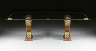 A HOLLYWOOD REGENCY STYLE GLASS TOPPED AND LACQUERED WOOD TWO PEDESTAL DINING TABLE, MODERN,