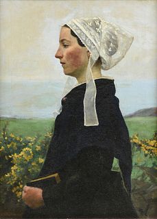 GAYLORD SANGSTON TRUESDELL (American 1850-1899) A PAINTING, "Breton Woman with Embroidered Lace Day Cap and Book," 1893,