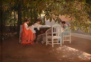 HUNGARIAN SCHOOL, A PAINTING, "Ladies Sewing in the Shaded Garden," 1916,