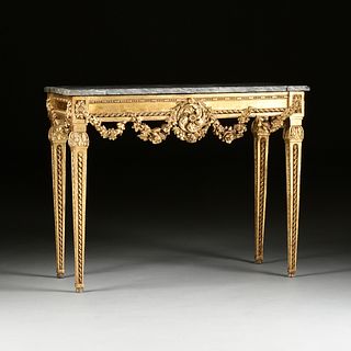 A LOUIS XVI STYLE MARBLE TOPPED GILTWOOD CONSOLE TABLE, LATE 19TH CENTURY,