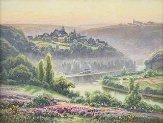 WILLIAM DIDIER-POUGET (French 1864-1959) A PAINTING, "Brume du Matin dans la Vallée de la Creuse: Bruyères en Fleurs," 