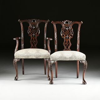 A SET OF EIGHT CHIPPENDALE STYLE CARVED MAHOGANY DINING CHAIRS, 20TH CENTURY,