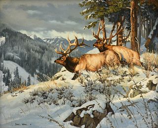 DAVE WADE (American 1952-2019) A PAINTING, "Elks in Snow with Clouds," 