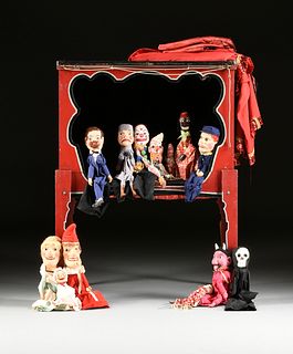 A VINTAGE PAINTED WOOD PUPPET THEATER ON STAND WITH FIVE PUPPETS, FIRST HALF 20TH CENTURY,