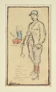 ISOBEL RAÉ (Australian/French 1860-1940) A WWI DRAWING, "Cook at Canteen behind Convent run by 'Officers Club," ÉTAPLES, 1917,