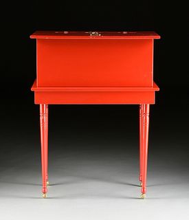 A MODERN SIDESHOW RED LACQUERED ILLUSION BOX ON STAND,