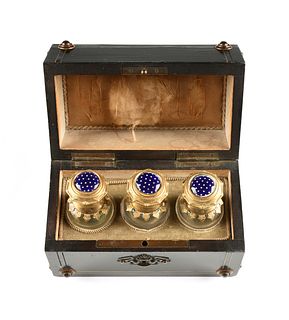 A FRENCH EGYPTIAN REVIVAL SILVER AND GILT METAL MOUNTED BRASS SCENT BOTTLES BOX, CIRCA 1880, 