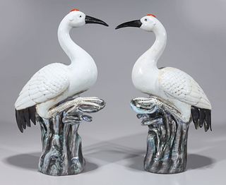 Pair Chinese Enameled Porcelain Birds