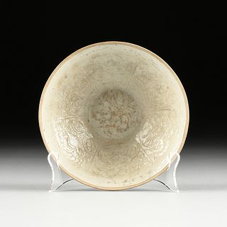 A CHINESE QINGBAI GLAZE MOULDED "DUCK AND POTTED FLOWER ARRANGEMENTS" BOWL, SONG (960-1279) / YUAN (1271-1368) DYNASTIES,