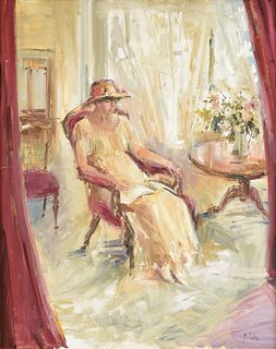 ELEANOR CONSTANCE "NORNIE" GUDE (Australian 1915-2002) A PAINTING, "The Artist's Daughter Reading in the Sitting Room," 