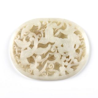 A CHINESE WHITE JADE PLAQUE, AUSPICIOUS BIRDS IN VINES, QING DYNASTY (1644-1912),