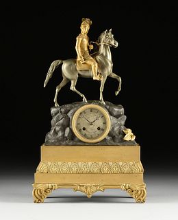 A LOUIS PHILIPPE GILT AND PATINATED BRONZE "JEANNE D'ARC" MANTLE CLOCK, BY BERTOUD, VENDIER, 1840s,
