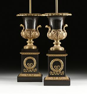 A PAIR OF RESTAURATION STYLE GILT AND PATINATED BRONZE URN LAMPS, 20TH CENTURY, 