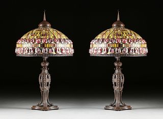 A PAIR OF LARGE TIFFANY STYLE TURTLEBACK TILE, STAINED GLASS, AND PATINATED METAL LAMPS, LATE 20TH CENTURY,