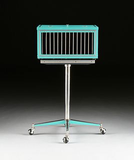 A MAGICIAN'S DOVES/RABBIT TURQUOISE ILLUISION ACT CAGE ON STAND, 20TH CENTURY,